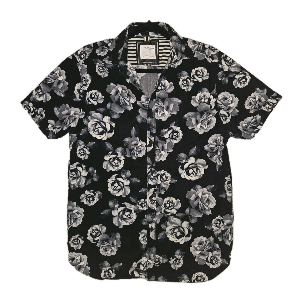 CACTUS MAN Ricky Singh ROSES Black Grey White Button Up Shirt Medium 100% Cotton